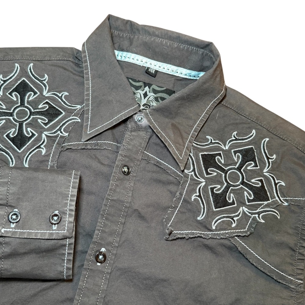 Roar Epoch Mens M Grey Fortitude Gothic Embroidered Western Shirt Long Sleeve